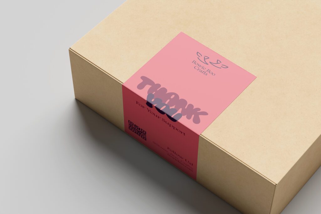 Custom printed packaging sticker applied to retail box with branded label
